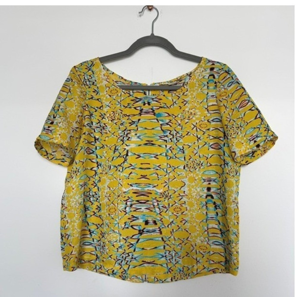 Cooper & Ella Yellow Abstract Print Blouse M | Textured Zip Back Top $75